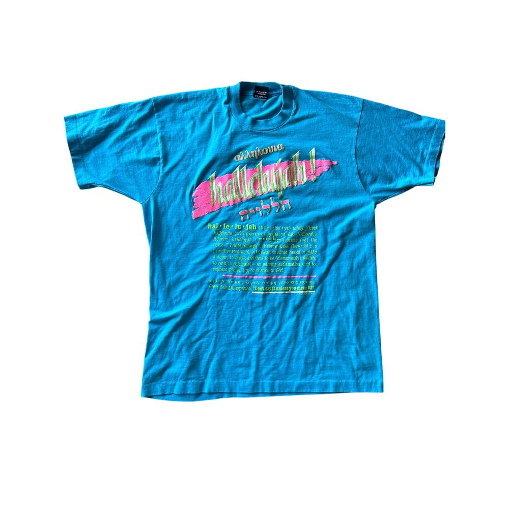 Vintage Hebrew Hallelujah Amen Neon Puff Print USA Made Single Stitch Teal XL